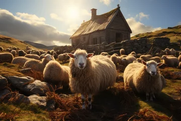 Tuinposter Farmers raise sheep with great joy, in farms, shear sheep to sell in market, farm scene with happy sheep © Chanwit