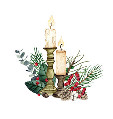 Fototapeta premium Watercolor Christmas candle and bouquet of pine cones, fir branches isolated on white background. Winter holiday xmas celebration illustration