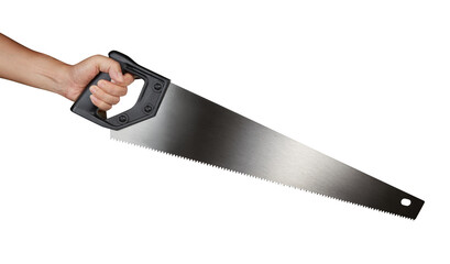 Hand holding a saw with a black handle isolated on white background