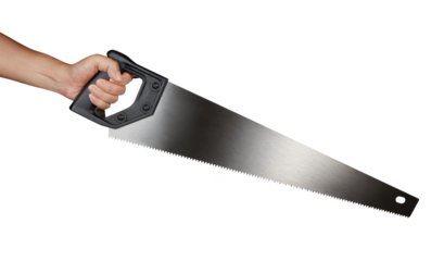 Hand holding a saw with a black handle isolated on white background
