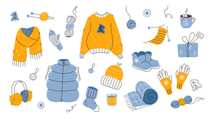 Winter warm and knitted clothes set cold weather with holiday decor. Sweater, scarf, knitted hat and mittens, down vest, boots, hot drink and yarn. Doodle hand drawn style elements on white background