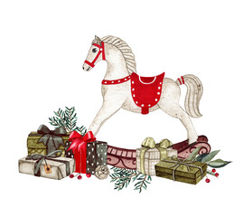 Watercolor christmas rocking horse kid toy with gift boxes illustration isolated on white background © madiwaso