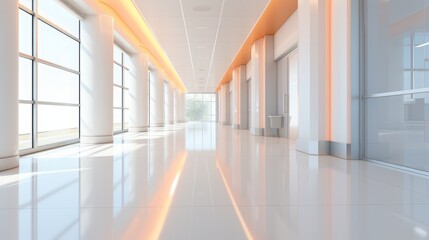 The interior of a hall in a modern building or hospital is white and filled with light. - obrazy, fototapety, plakaty