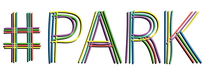 PARK Hashtag. Isolate neon doodle lettering text, multi-colored curved neon lines, like felt-tip pen, pensil. Hashtag #PARK for banner, t-shirts, mobile apps, typography, web resources
