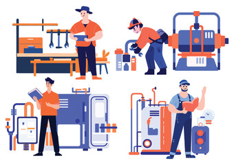 Hand Drawn Technician or engineer with engine in factory in flat style