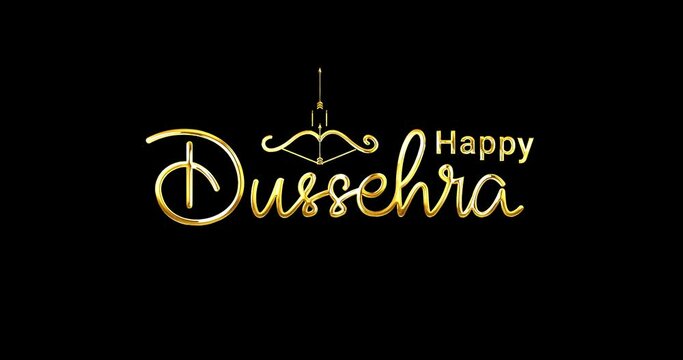 Happy Dussehra text animation with bow and arrow. Handwritten text in gold color with alpha matte. Great for Celebrations, festivals, and events. Transparent background, easy to put into any video.