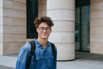 Obraz premium Caucasian schoolboy carrying backpack looks at camera smiles, satisfied goes to college, youngster in glasses walking outside. Education, smart teenager, knowledge concept. Youth.