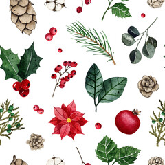 Watercolor winter seamless pattern with christmas holly jolly,  pine cones, berries, poinsettia isolated on white background. Xmas new year holiday illustration for fabric textile