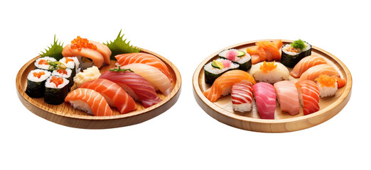 Sushi big set for japanese food serving on wooden plate isolated on transparent background. Generative Ai