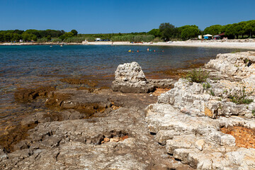 Beach on the stone coast of Beach Kastanija, Novigrad Istria, Croatia, Europe