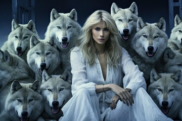 Beautiful blonde woman in white dress sitting among the white wolfs. ai generative