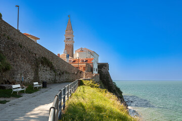 Historic walled city of Piran, in backround St. George's Cathedral,Coastal–Karst Statistical Region, Slovenia, Europe