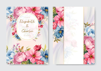 Elegant watercolor pink peony and blue buttercups wedding invitation card template drawn floral set
