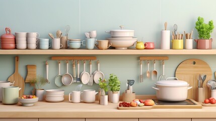 Fototapeta na wymiar A visually appealing composition showcasing a neatly organized kitchen workspace with pastel-colored cookware and utensils, background image, AI generated