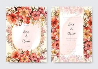 Orange dahlia elegant wedding invitation card with beautiful floral template Premium vector