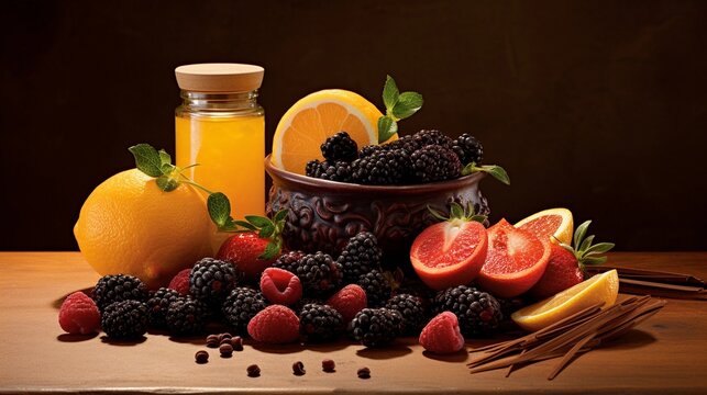 An artistic portrayal of flavor-enhancing ingredients like fresh berries, citrus zest, and chocolate chips, with designated areas for text, background image, AI generated