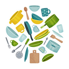 Kitchenware Round Composition Design with Tools and Utensils Vector Template