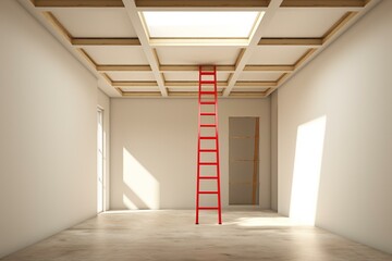 A ladder extending towards an opening in the ceiling. 3D representation. Generative AI