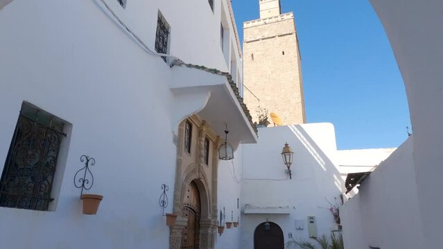Mosque Oudaya at Kasbah of the Udayas, overlooks Rabat's traditional white buildings
