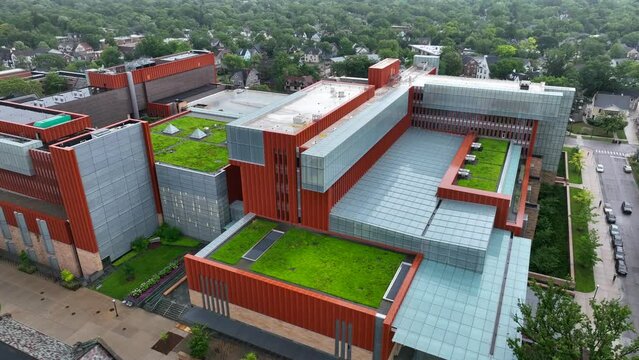 Ross School of Business building at the University of Michigan. Aerial shot of green roof and modern architecture of academic building in USA college campus.