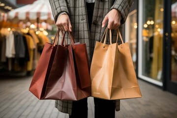 Close up of hands bearing shopping bags, the tangible rewards of retail therapy
