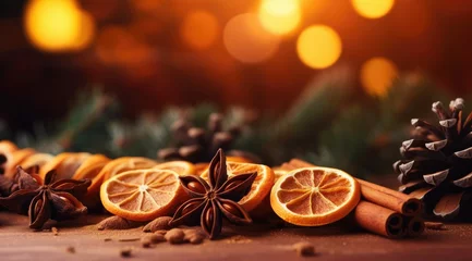 Tuinposter Traditional Christmas spices and dried orange slices on holiday light background. Christmas spices decoration © Lubos Chlubny