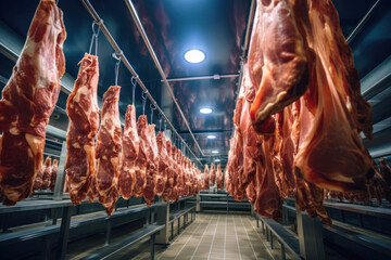 Meat processing plant. Raised meat for further processing in the production hall. The arrival of jamon or cold cuts. Natural fresh meat product. Production of pork or beef in a modern enterprise. - obrazy, fototapety, plakaty