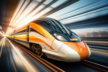 A white and orange express train traveling through a train station. Boarding platform at the railway station. Blur effect from a fast moving train.