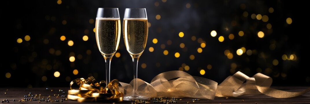 Sparkling wine or champagne glasses and gold ribbon on dark black table background. Happy New Year, New Year's Eve or Christmas and celebration party