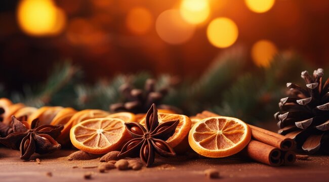 Traditional Christmas spices and dried orange slices on holiday light background. Christmas spices decoration