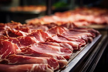 Naklejka premium Meat processing plant. Slices of fresh bacon and mint slices on a conveyor belt in the workshop. Arrival of jamon or cold cuts. Production of pork or beef in a modern enterprise.
