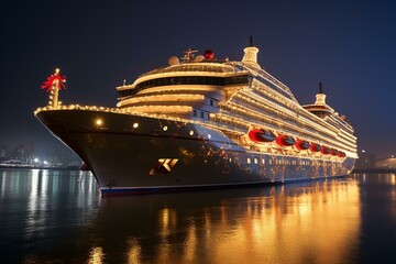 Christmas-themed cruise ship. Generative AI - obrazy, fototapety, plakaty