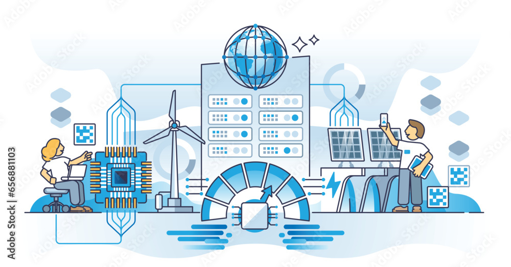 Poster data empowered world with big information processing amount outline concept. digitization and connec
