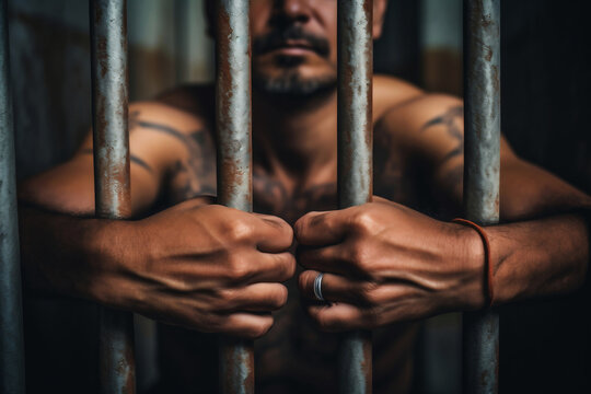 The male prisoner grabbed the prison bars with his hands. The pain and suffering of the prisoner. The inevitability of a judicial verdict. Hopelessness. The punishment of the criminal.