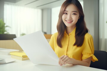 Portrait of Happy Asian Woman Manager Holds Paper in Modern Office, Smiling Female Holding CV for Job Interview, Bueatiful Accountant with Financial Reports Paper