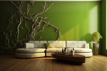 contemporary interior, brown couch, green wall, 3D design. Generative AI