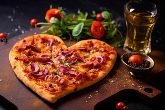 Heart-shaped pizza on wooden board with ingredients on black background. Celebration for Valentine's Day. Generative AI