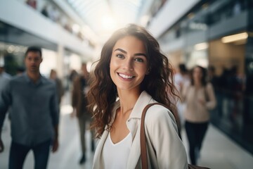 Obraz premium Portrait of Happy Female Goes to Shopping in Clothing Store, Beautiful Man Walking in Shopping Mall Surrounded By Blurred People