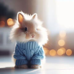 Fototapeta na wymiar A cozy and cute fluffy bunny wearing a warm knit blue sweater, surrounded by natural light, generative AI