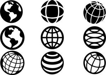 Globe icons. High HD resolution earth symbols, world globe map pictograms, traveler wide geography symbol or eco space explore icons set.  - obrazy, fototapety, plakaty