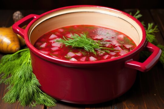 a large red clay pot filled with borscht