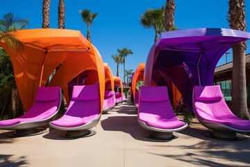 Relaxing recliners with shade on a vibrant backdrop. Generative AI
