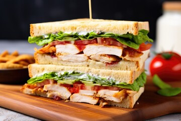top view of a chicken club sandwich with lettuce and tomato