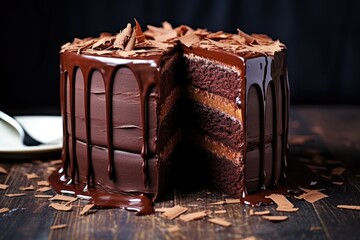 a chocolate cake with a missing piece