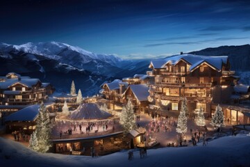 Obraz premium Christmas in the winter village in the mountains. Christmas and New Year holidays background. ai generative