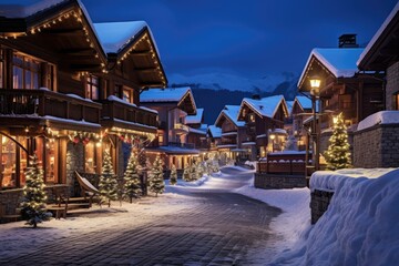 Obraz premium Christmas in the winter village in the mountains. Christmas and New Year holidays background. ai generative