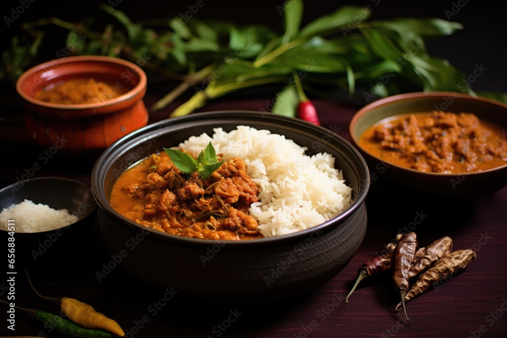 Sticker overview of madras curry with basmati rice in a bowl