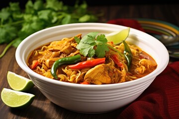 malay curry noodles garnished with fresh lime and cilantro