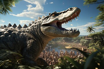 Obraz premium Tourist Attraction: Visitors observing crocodiles from a safe viewing platform