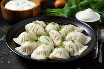 boiled polish pierogi dumplings with sour cream and herbs